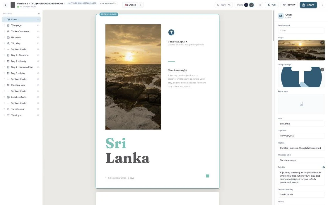 The booklet builder showing a photographic Sri Lanka cover, with the section list for the whole brochure down the side