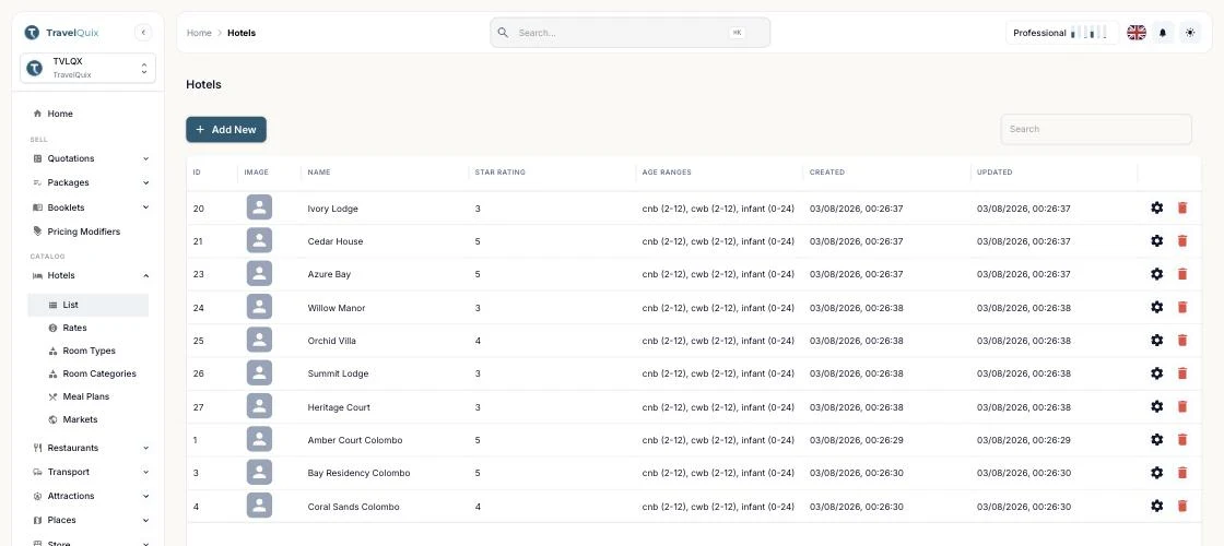 The hotel catalog in TravelQuix, listing properties with their star rating and child age ranges