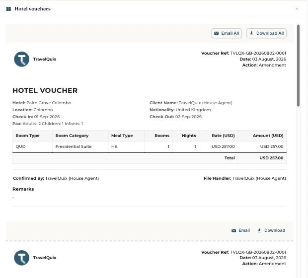 A hotel voucher for Palm Grove Colombo showing check-in and check-out dates, room type, meal plan and the rate
