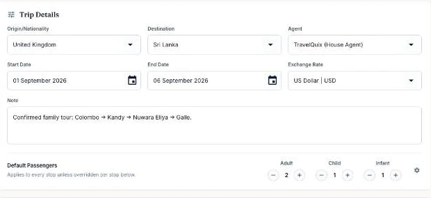 Trip details for a quotation: United Kingdom to Sri Lanka, September dates, US Dollar, two adults, one child and one infant
