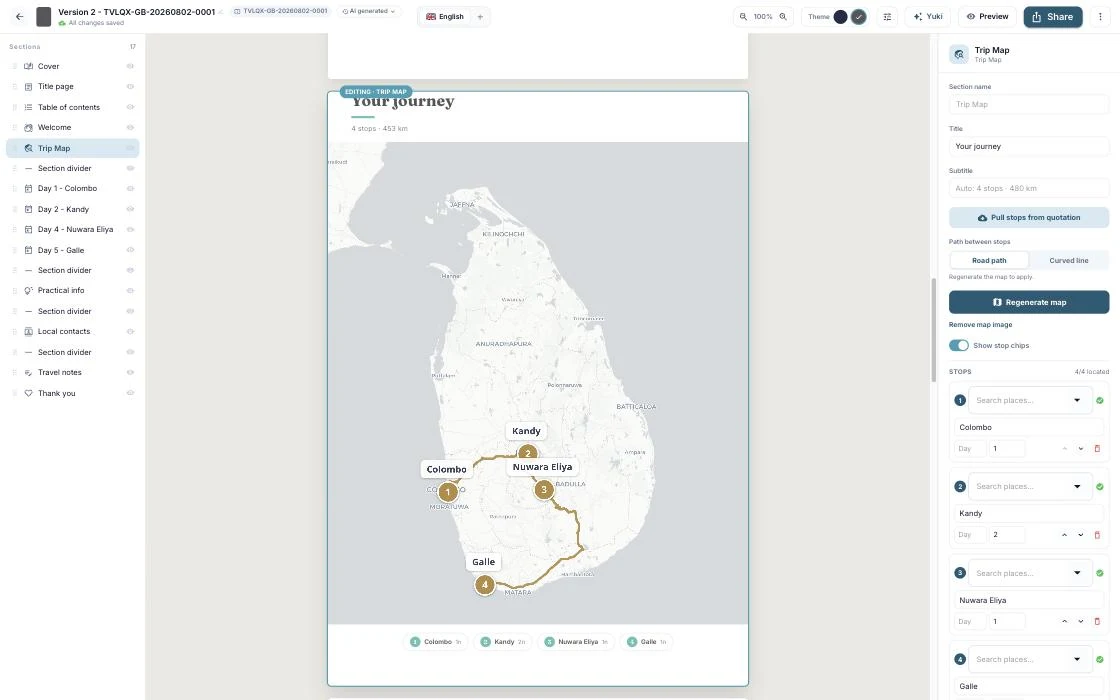 The booklet route page tracing a 453km road route through Colombo, Kandy, Nuwara Eliya and Galle