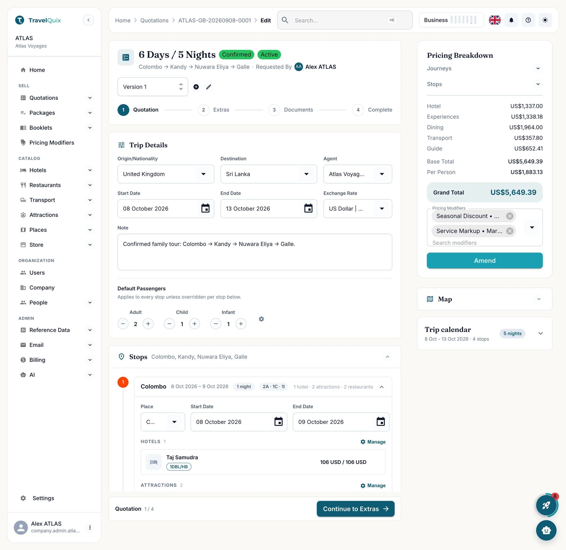 The quotation workspace for a six day Sri Lanka trip, showing four stops with their hotels and experiences beside a live pricing breakdown, map and trip calendar