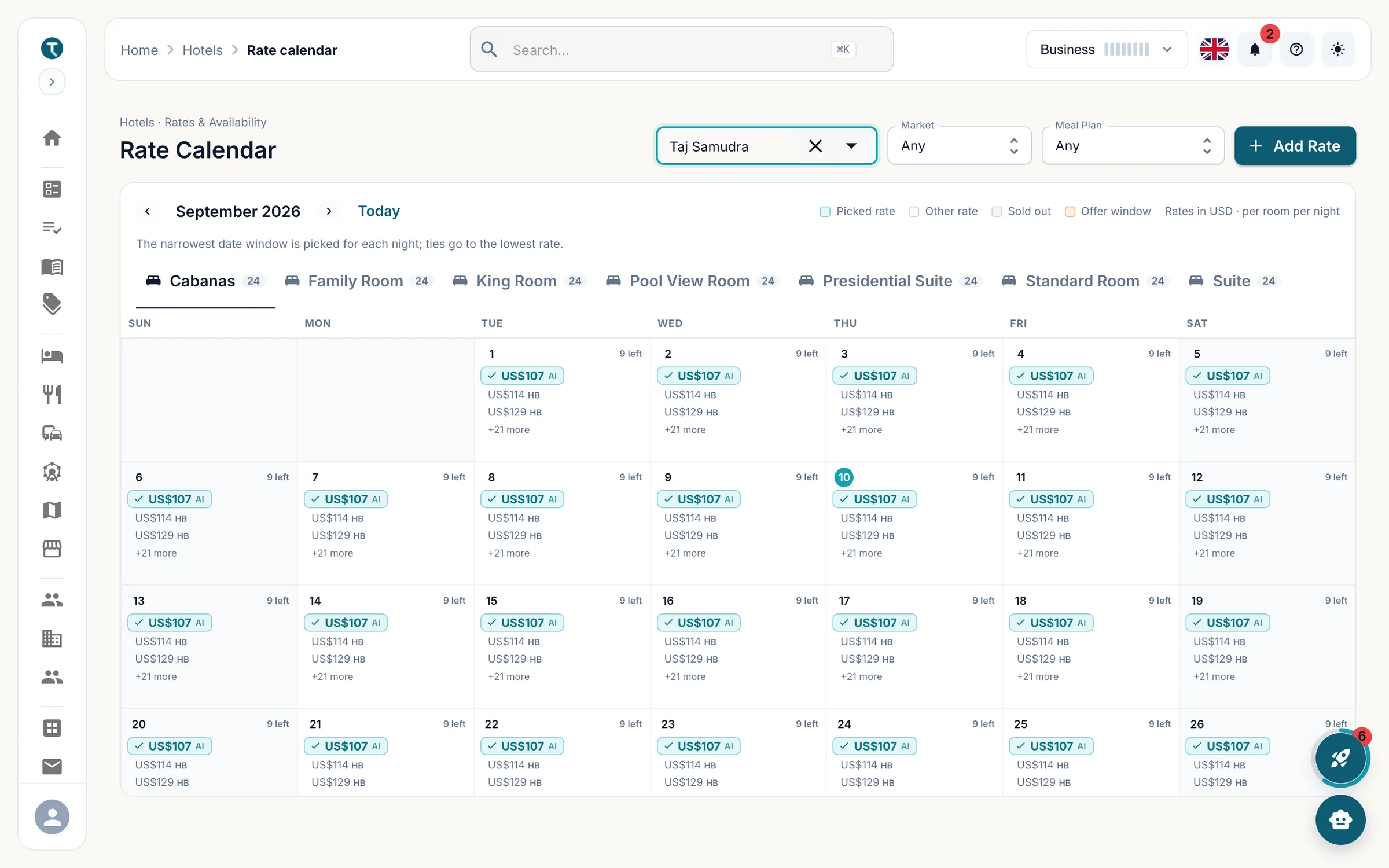 The rate calendar for one hotel, showing the picked rate for every night of the month across room types